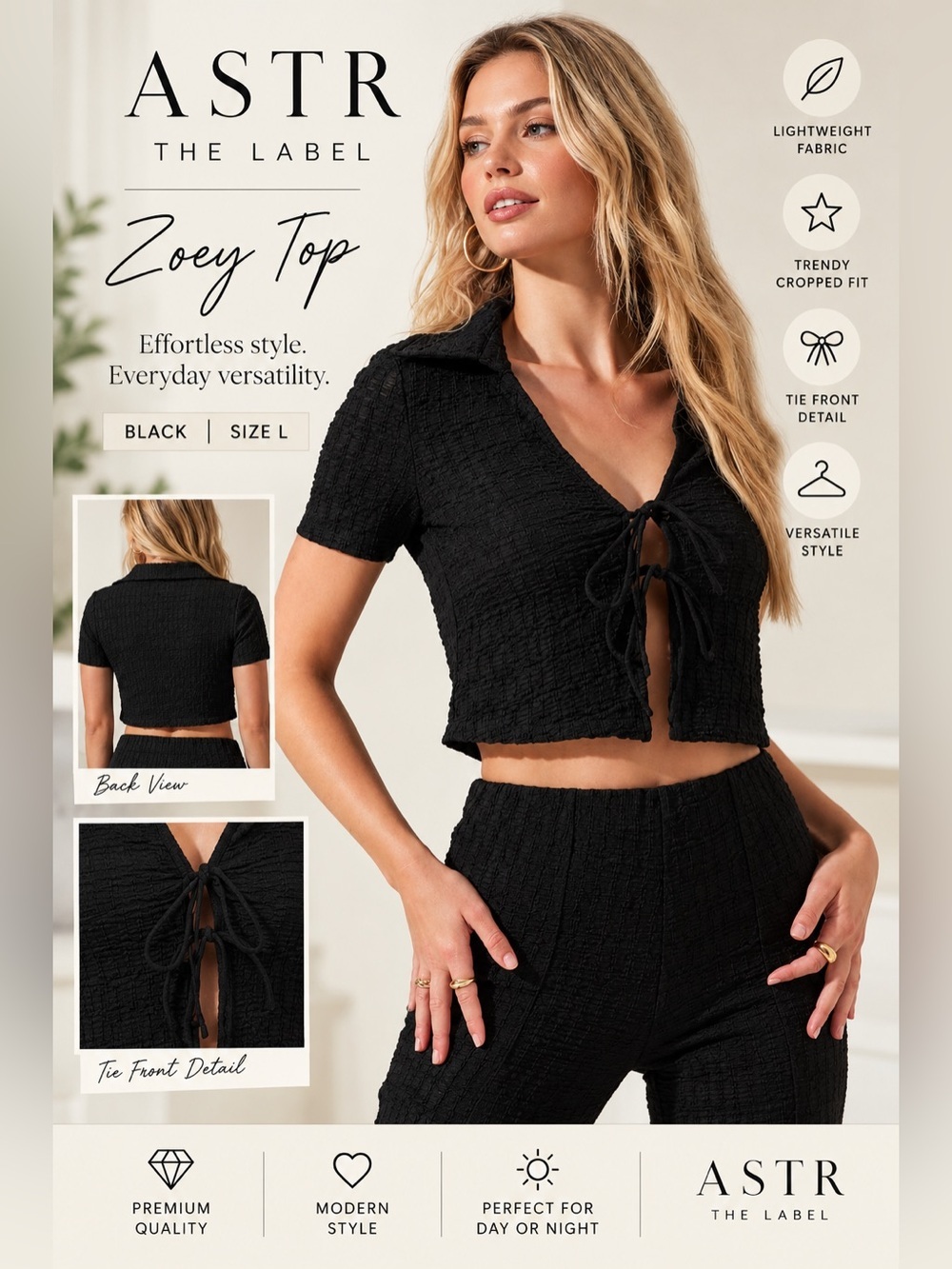 ASTR The Label Zoey Tie Front Textured Crop Top Black Size L